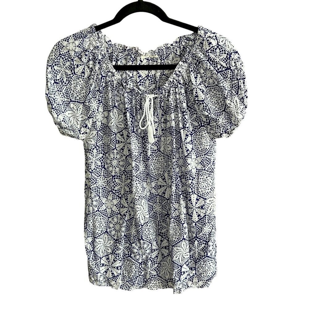 Grand & Greene Blue Medallion Lace Print Boho Peasant Top Size Small